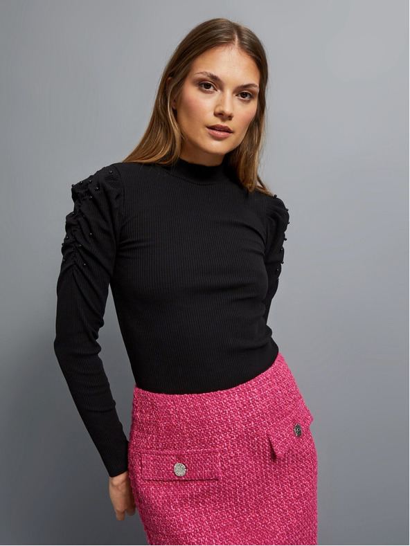 Moodo Fekete női bordás blúz puffos ujjakkal és garbóval Moodo