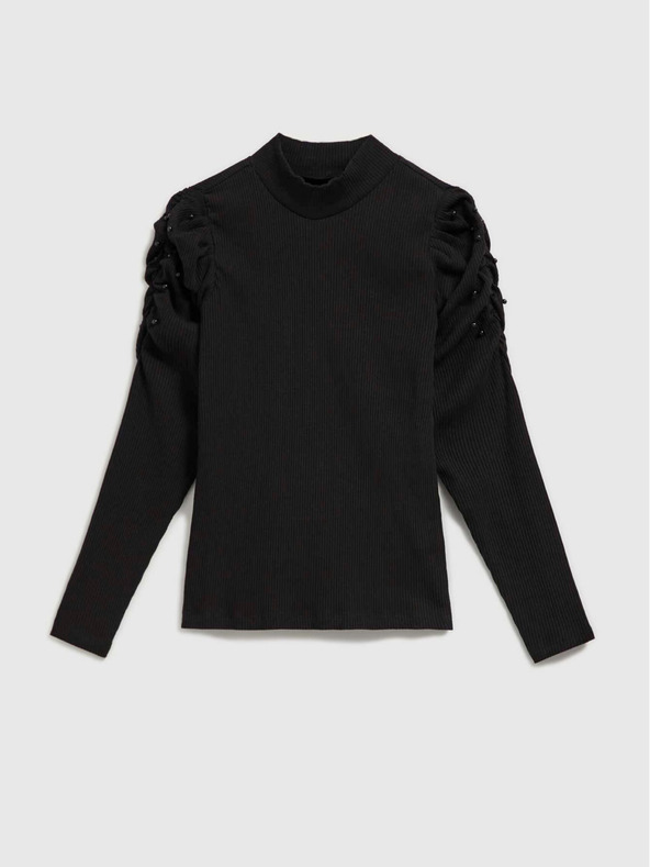 Moodo Fekete női bordás blúz puffos ujjakkal és garbóval Moodo