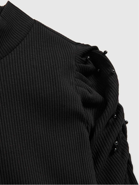 Moodo Fekete női bordás blúz puffos ujjakkal és garbóval Moodo