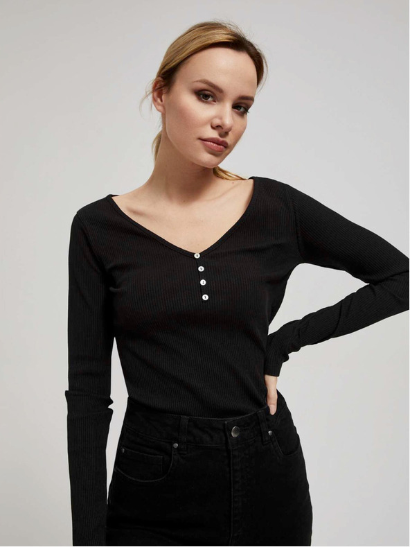 Moodo Fekete női bordázott, gombos ing Moodo