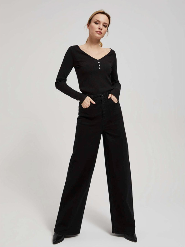 Moodo Fekete női bordázott, gombos ing Moodo