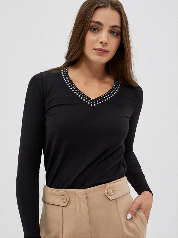 Moodo Fekete női póló dekoratív nyakkivágással Moodo