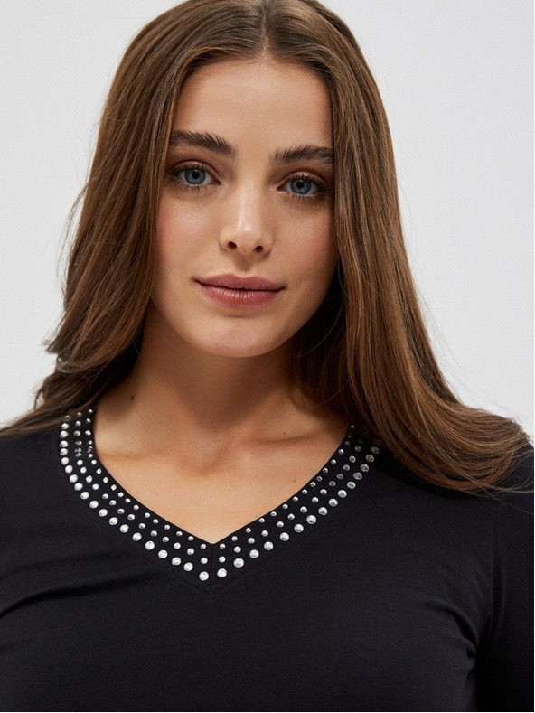 Moodo Fekete női póló dekoratív nyakkivágással Moodo