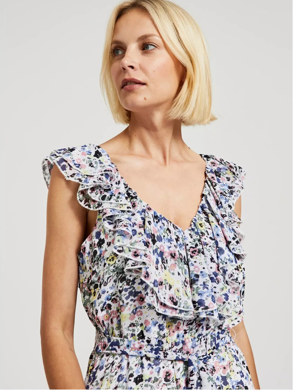 Moodo Kék virágos ruha fodorral a nyakrészen Moodo