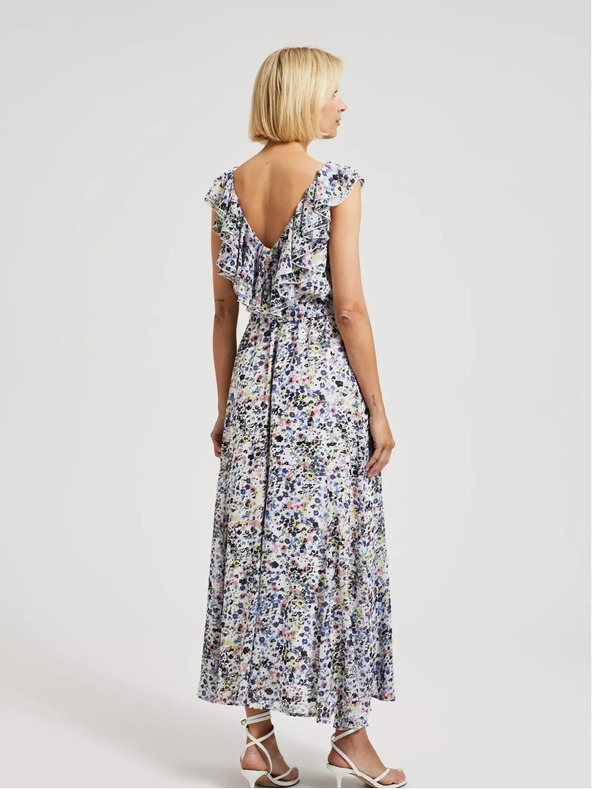 Moodo Kék virágos ruha fodorral a nyakrészen Moodo