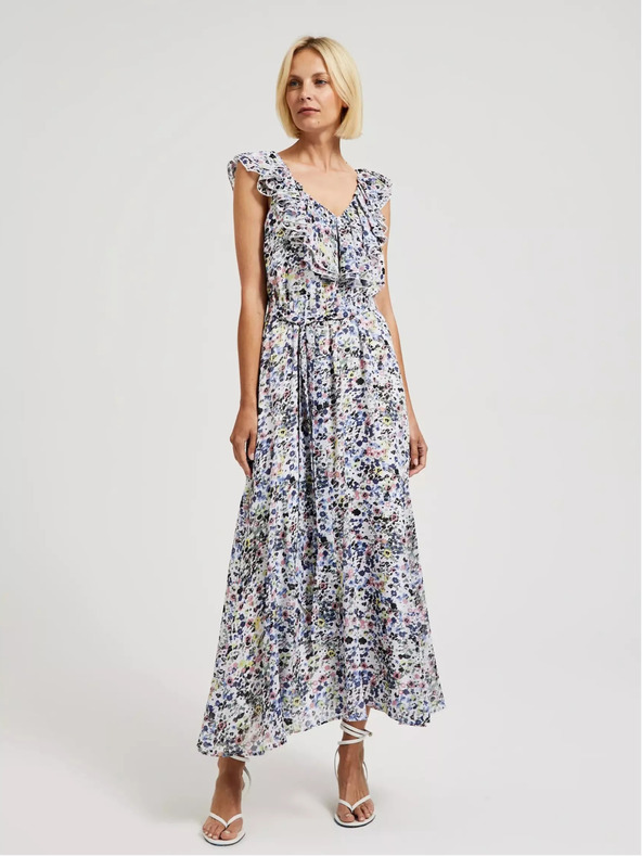 Moodo Kék virágos ruha fodorral a nyakrészen Moodo