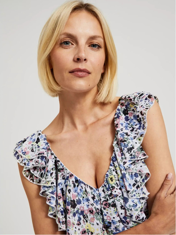 Moodo Kék virágos ruha fodorral a nyakrészen Moodo