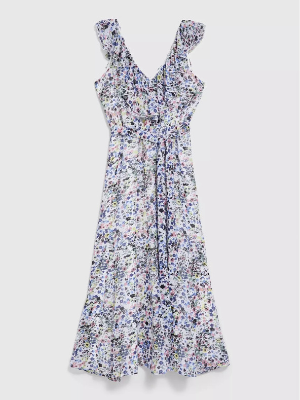 Moodo Kék virágos ruha fodorral a nyakrészen Moodo