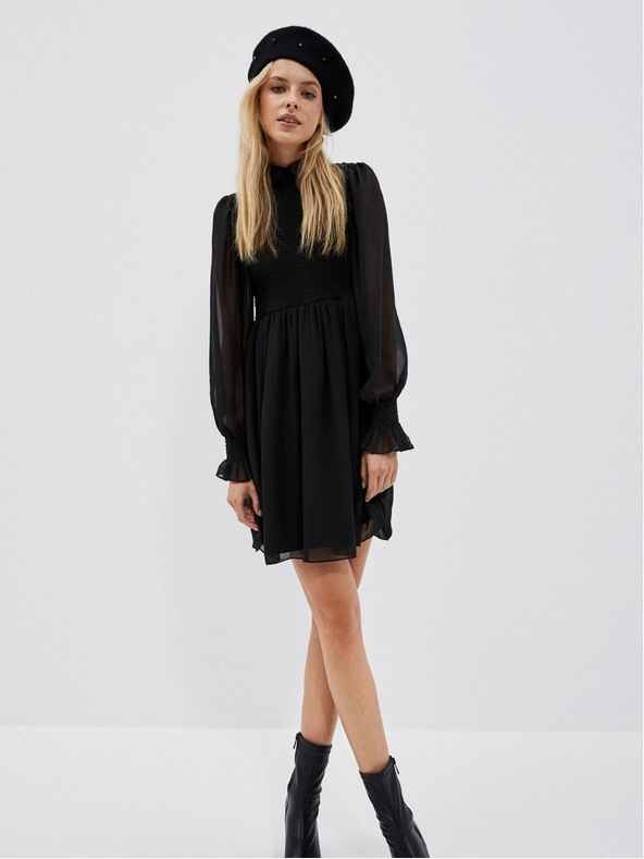 Moodo Fekete női ruha fodros ujjakkal Moodo