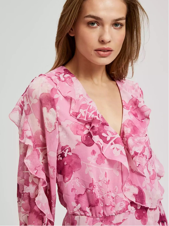 Moodo Rózsaszín virágos ruha fodrokkal Moodo