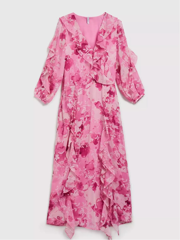 Moodo Rózsaszín virágos ruha fodrokkal Moodo