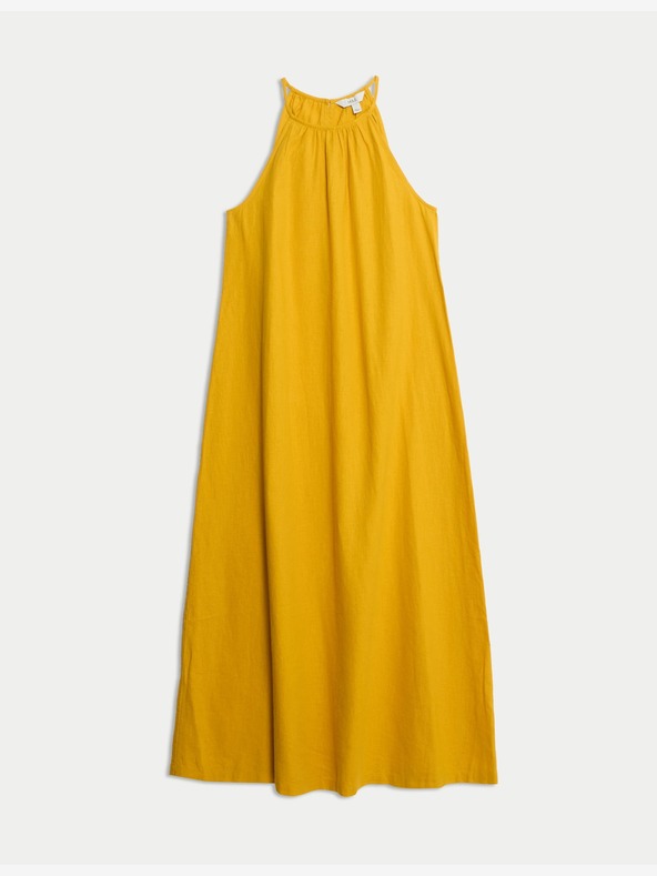 Marks & Spencer Marks & Spencer laza szabású, magas vászontartalmú, nyakrögzítéssel ellátott midaxi ruha sárga