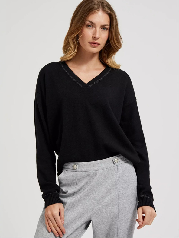 Moodo Fekete hosszú ujjú, v-nyakú pulóver Moodo