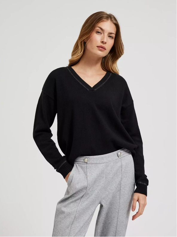 Moodo Fekete hosszú ujjú, v-nyakú pulóver Moodo