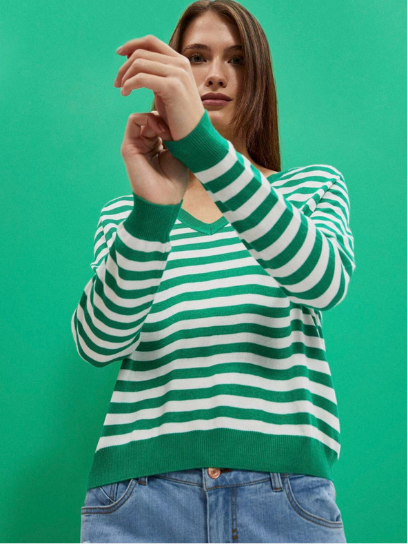 Moodo Fehér és zöld női csíkos pulóver Moodo