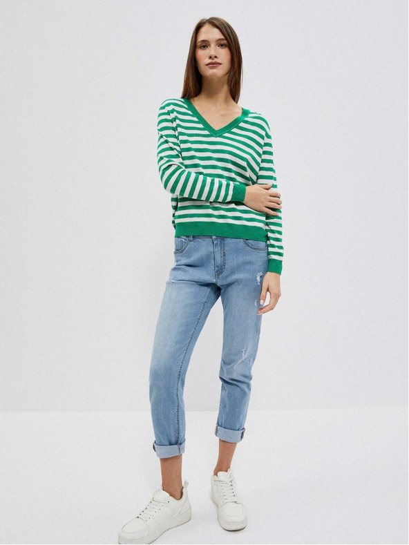 Moodo Fehér és zöld női csíkos pulóver Moodo