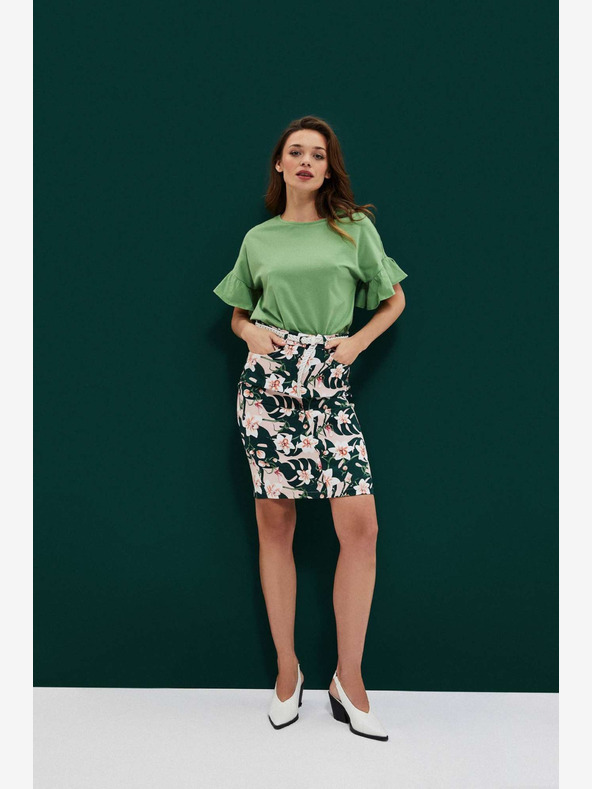 Moodo Bézs és zöld női virágos szoknya övvel Moodo