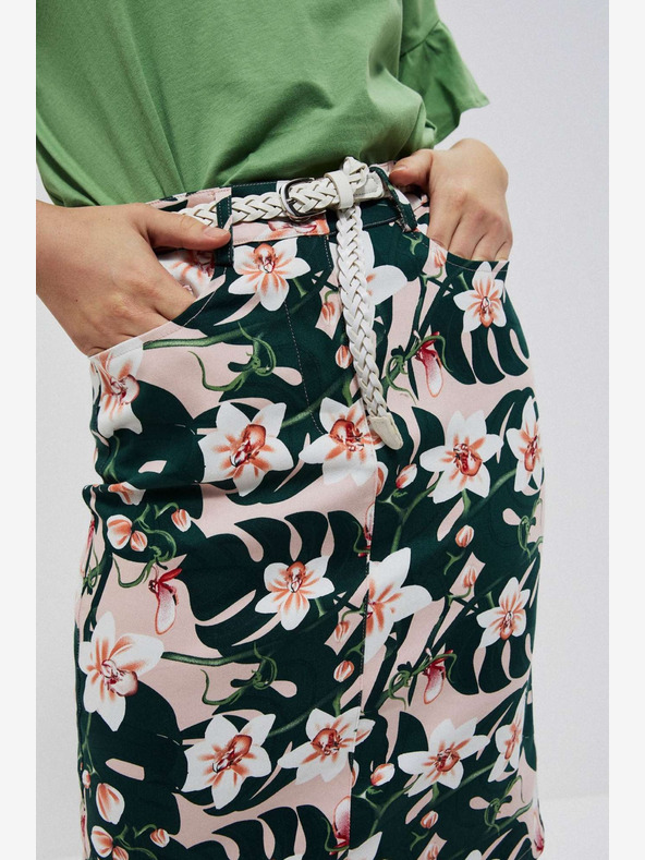 Moodo Bézs és zöld női virágos szoknya övvel Moodo