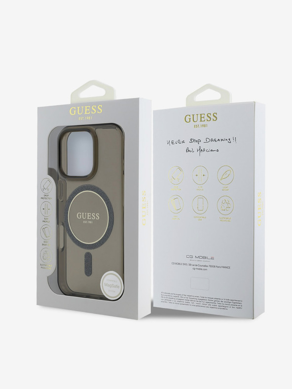 Guess Guess IML csillogó gyűrűs MagSafe hátlapi borító iPhone 16 Pro Max fekete