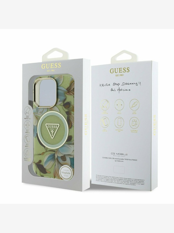 Guess Guess IML csillogó Magnólia és háromszög logó MagSafe hátlapi borító iPhone 16 Pro készülékhez Zöld