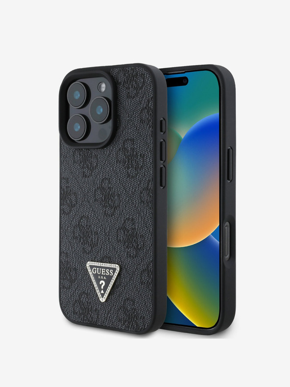 Guess PU 4G Strass Triangle Metal Logo Zadní Kryt pro iPhone 16 Pro Black Telefontok