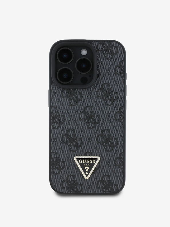 Guess PU 4G Strass Triangle Metal Logo Zadní Kryt pro iPhone 16 Pro Black Telefontok