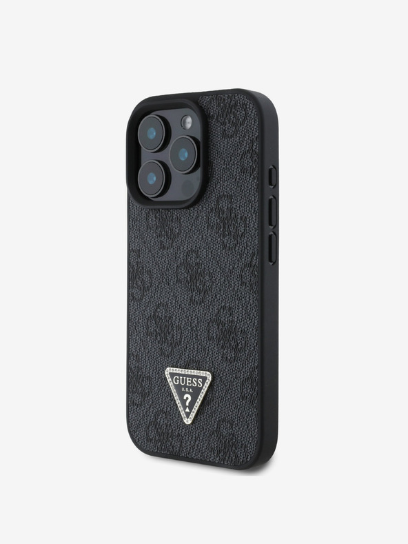 Guess PU 4G Strass Triangle Metal Logo Zadní Kryt pro iPhone 16 Pro Black Telefontok