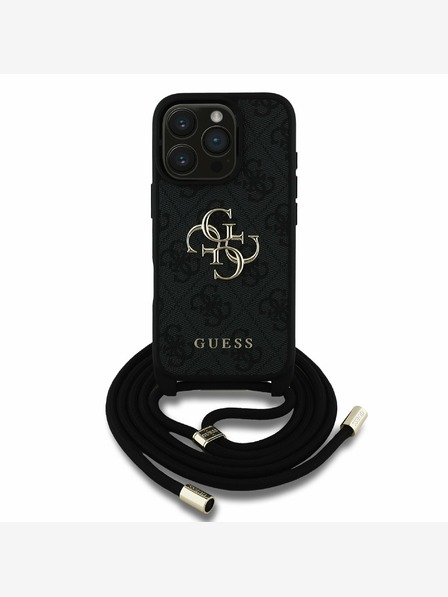 Guess Guess PU 4G fém logós fém testpántos hátsó borító iPhone 16 Pro fekete iPhone 16 Pro készülékhez