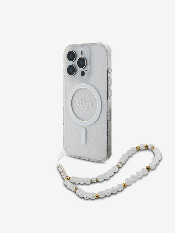 Guess IML Glitter Beads Strap MagSafe Zadní Kryt pro iPhone 16 Pro Max Transparent Telefontok