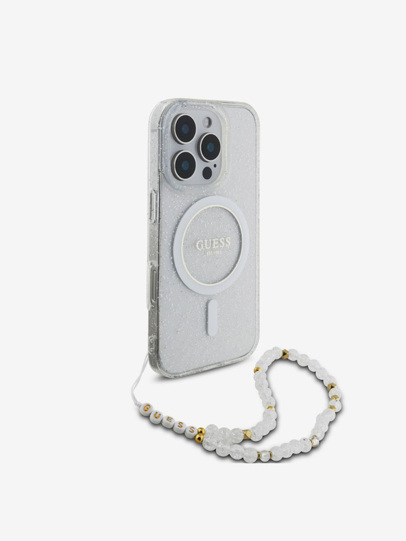 Guess IML Glitter Beads Strap MagSafe Zadní Kryt pro iPhone 16 Pro Max Transparent Telefontok