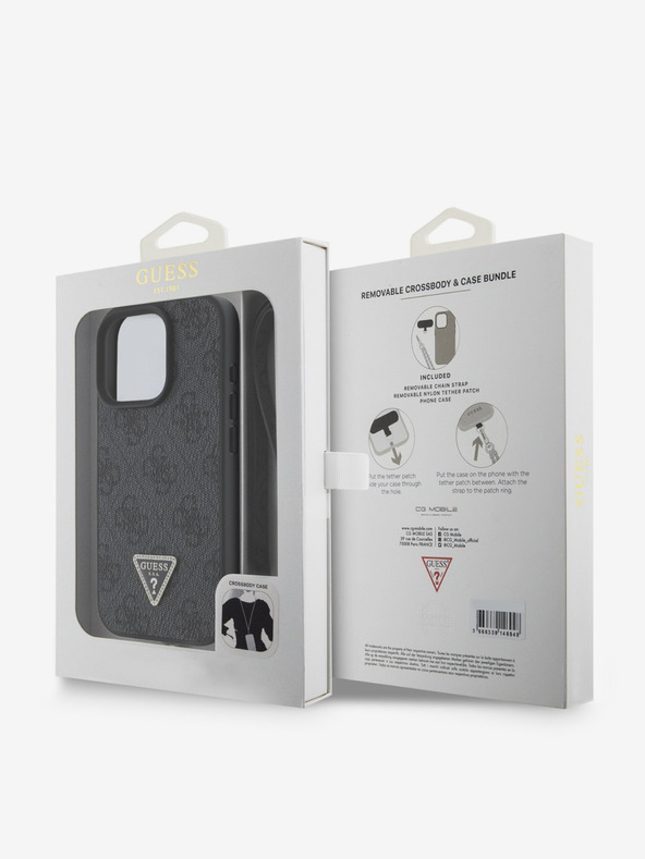 Guess Guess PU 4G Strass háromszög fém logós fém hátlap + keresztpánt iPhone 16 Pro-hoz Fekete