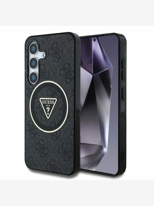 Guess Guess IML 4G csillogó és háromszög alakú logóval ellátott MagSafe hátlap Samsung Galaxy S25+ Fekete