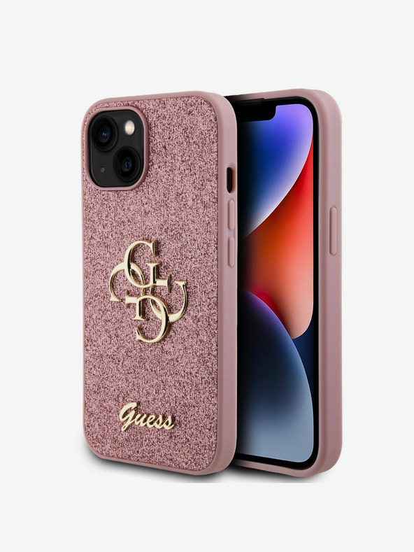 Guess PU Fixed Glitter 4G Metal Logo Zadní Kryt pro iPhone 15 Pink Telefontok