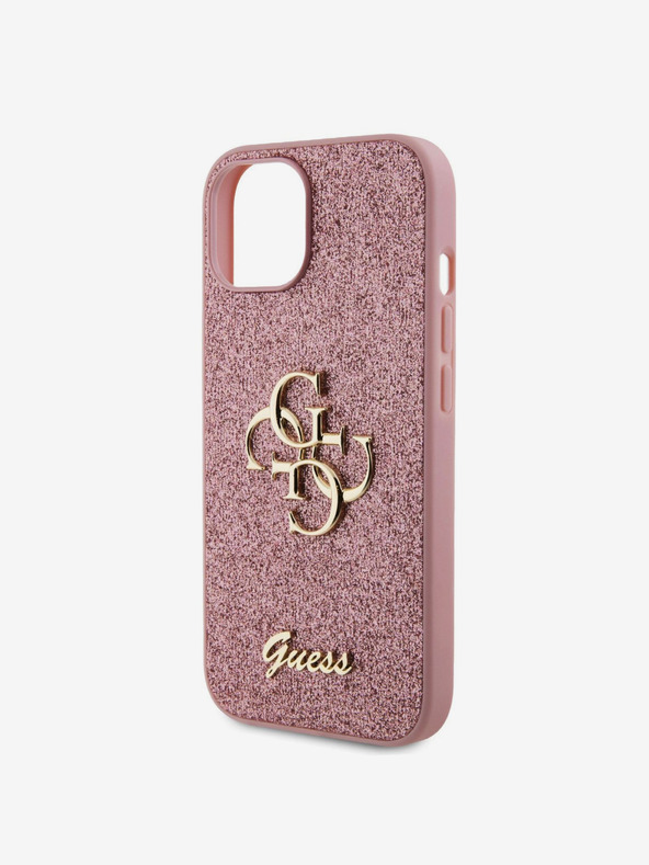 Guess PU Fixed Glitter 4G Metal Logo Zadní Kryt pro iPhone 15 Pink Telefontok