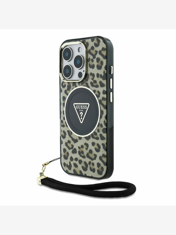 Guess Guess IML Leopárd háromszög logós hevederes MagSafe hátlapi borító iPhone 16 Pro Max Brown készülékhez