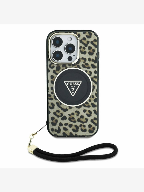 Guess Guess IML Leopárd háromszög logós hevederes MagSafe hátlapi borító iPhone 16 Pro Max Brown készülékhez