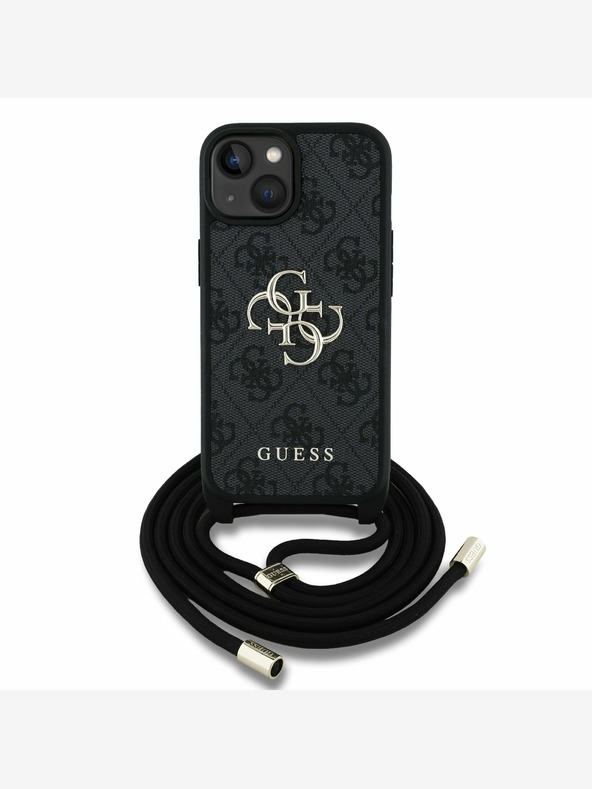 Guess Guess PU 4G fém logós fém testpántos hátsó borító az iPhone 15 készülékhez Fekete