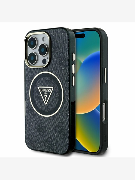 Guess Guess IML 4G csillogó és háromszög logóval ellátott MagSafe hátlap iPhone 16 Pro Max-hoz Fekete