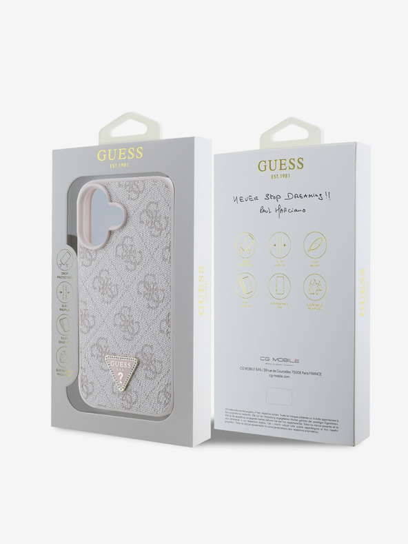 Guess Guess PU 4G Strass háromszög fém logós hátlap iPhone 16 készülékhez Rózsaszín