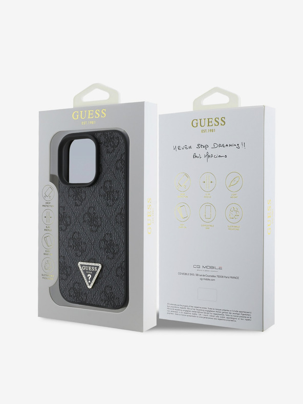 Guess Guess PU 4G Strass háromszög fém logós hátlap iPhone 16 Pro Max fekete iPhone 16 Pro Max készülékhez
