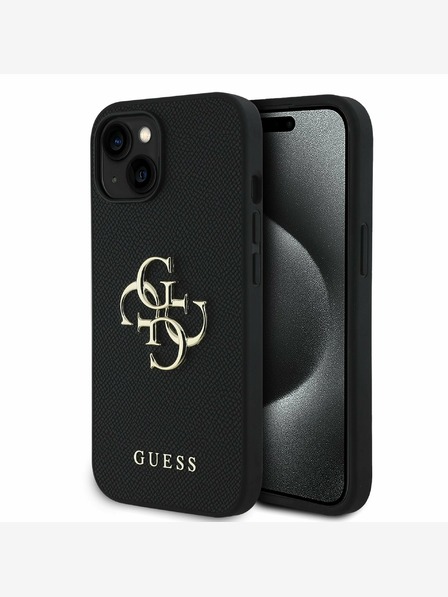 Guess Guess PU szemcsés 4G fém logós hátlap iPhone 15 készülékhez Fekete