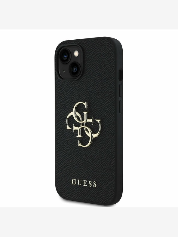 Guess Guess PU szemcsés 4G fém logós hátlap iPhone 15 készülékhez Fekete
