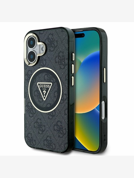 Guess Guess IML 4G csillogó és háromszög logóval ellátott MagSafe hátlap iPhone 16-hoz Fekete