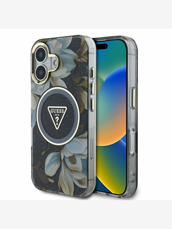 Guess Guess IML csillogó Magnólia és háromszög logós MagSafe hátlap iPhone 16-hoz Fekete