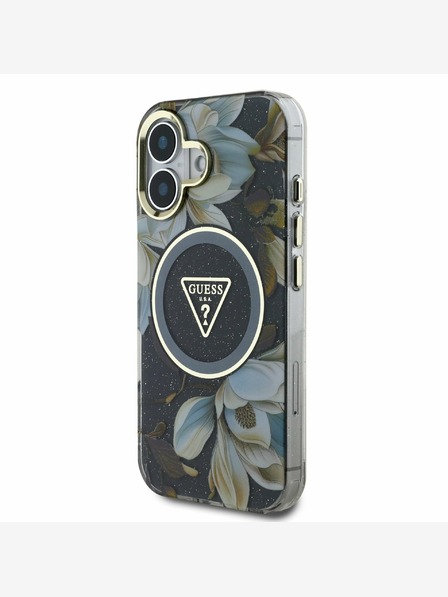 Guess Guess IML csillogó Magnólia és háromszög logós MagSafe hátlap iPhone 16-hoz Fekete