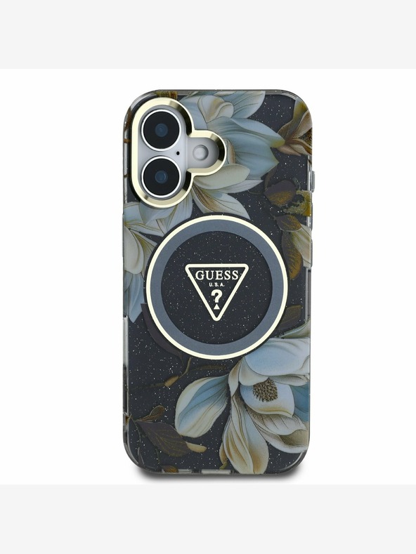 Guess Guess IML csillogó Magnólia és háromszög logós MagSafe hátlap iPhone 16-hoz Fekete