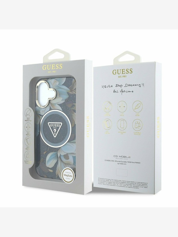 Guess Guess IML csillogó Magnólia és háromszög logós MagSafe hátlap iPhone 16-hoz Fekete