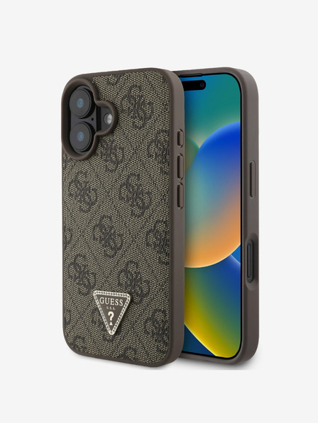Guess Guess PU 4G Strass háromszög fém logós hátsó borító iPhone 16 készülékhez Barna