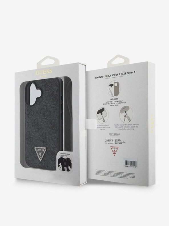 Guess Guess PU 4G Strass háromszög fém logós fém hátlap + keresztpánt iPhone 16-hoz Fekete