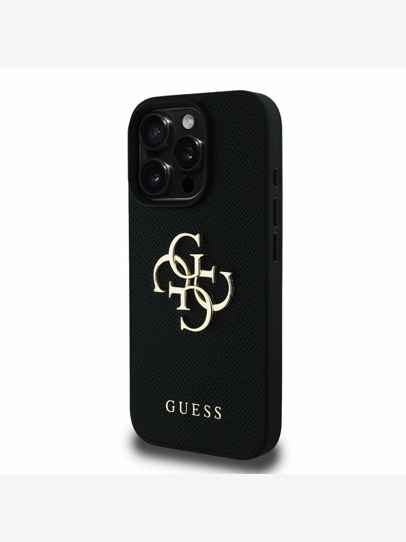 Guess Guess PU szemcsés 4G fém logós hátlap iPhone 15 Pro fekete iPhone 15 Pro készülékhez